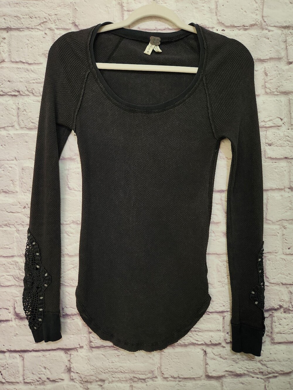 We The Free Free People Synergy Thermal Black Crochet Cuff Long Sleeve Top Small